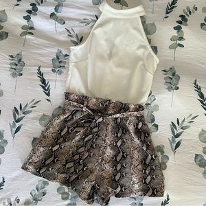 *NWT* mi ami Snakeskin Print Paper-bag Shorts/White Halter Top Romper